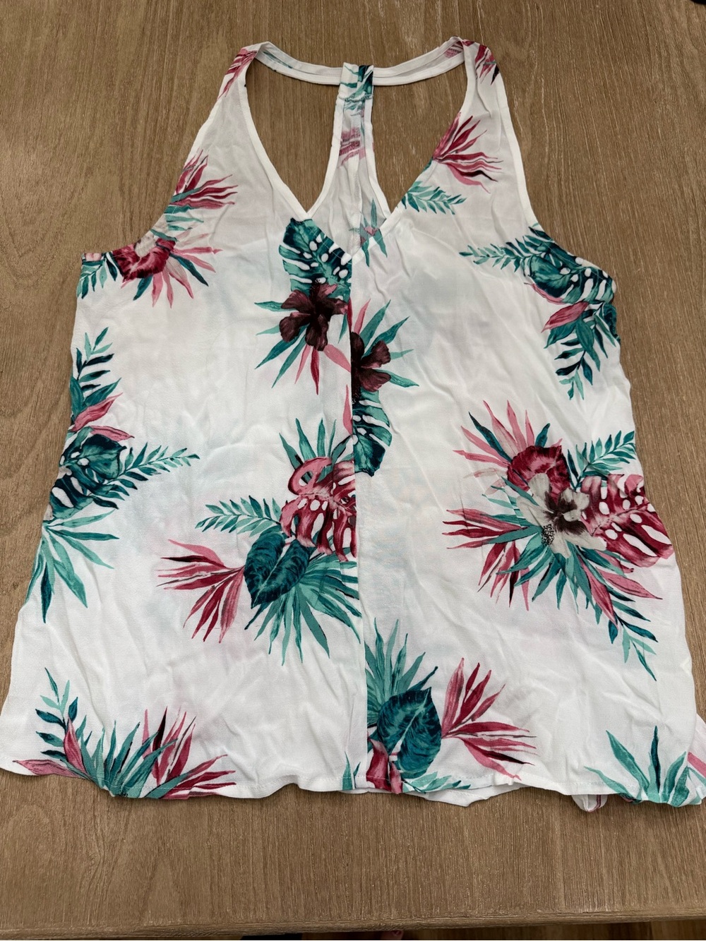 BB Dakota White Tropical Floral Palm Print Racerback Tank Top V-Neck - Size M